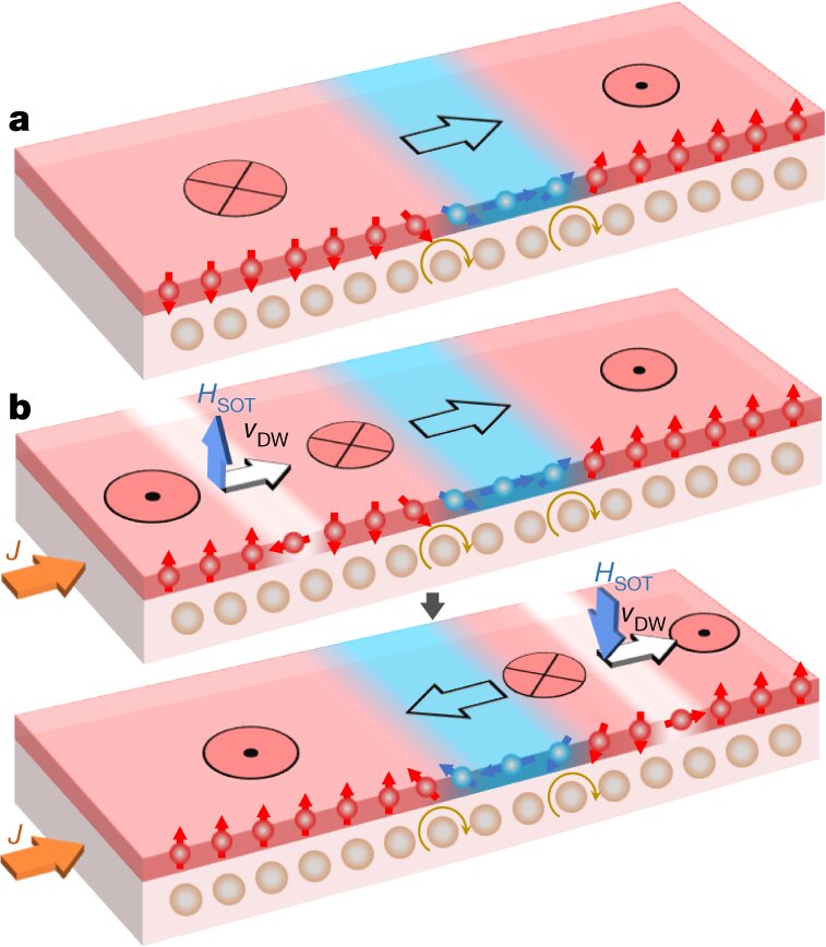 Chiral coupling between adjacent nanomagnets and current-driven DW inversion. Credit: Nature (2020). DOI: 10.1038/s41586-020-2061-y