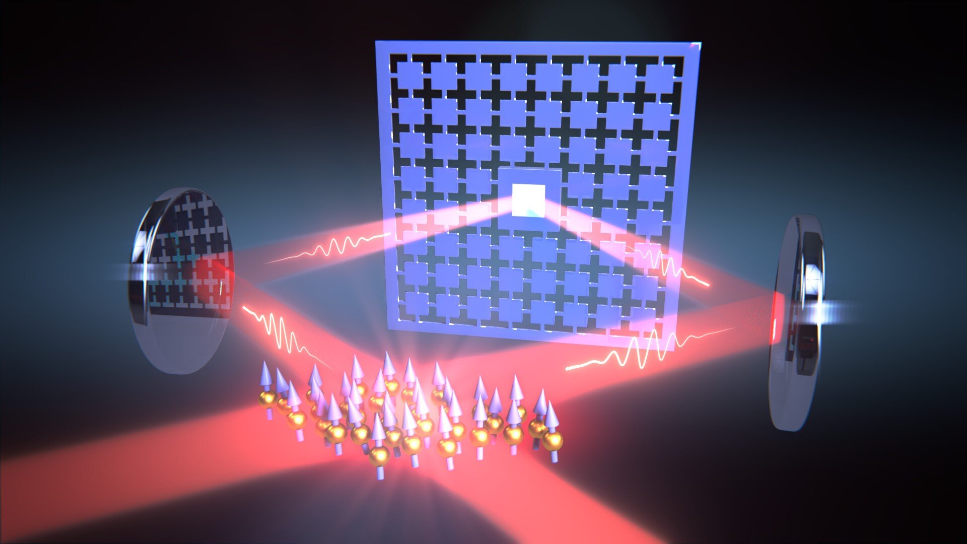 A loop of laser light connects the oscillations of a nanomechanical membrane and the spin of a cloud of atoms. Credit: University of Basel, Department of Physics