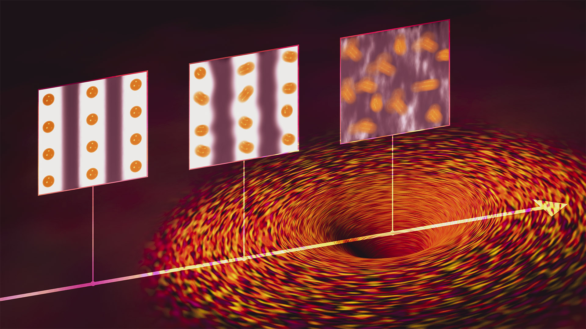 Much like black holes (bottom right) are singularities in space, quantum critical points (QCPs) are point-like intersections between different states of a quantum material where all sorts of strange electron behavior are predicted to occur. A SLAC study found strong evidence for one such behavior: As a cuprate superconductor was tuned toward a QCP in the superconducting state at low temperatures, a proliferation of quantum fluctuations gradually melted charge stripes (from top left) – alternating stripes of stronger and weaker electron density – in the material. (Greg Stewart/SLAC National Accelerator Laboratory)