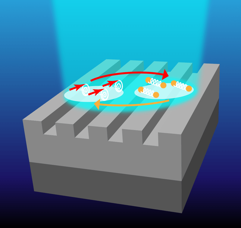 In a nanopatterned magnetic structure illuminated by a short laser pulse, magnons and photons couple to form quasiparticles called magnon-polarons.