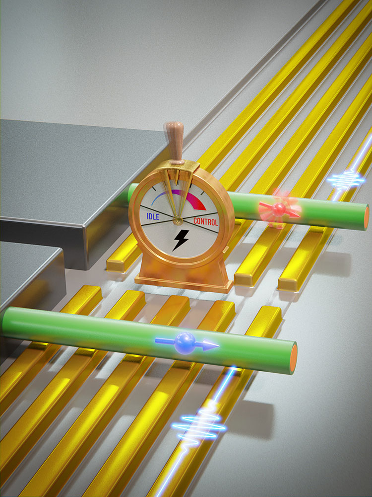 Electrically switchable qubit: a nanowire made of germanium and silicon (blue/green) lies on electrodes known as gates (gold). Voltages applied to the gates lead to the formation of individual spin qubits (blue and red arrows) that can be manipulated by microwave signals (blue pulse). In one mode, the qubit is slow and the quantum information is more stable (blue spin). In the other, the qubit can be changed more quickly (red spin). (Image: University of Basel, Department of Physics)