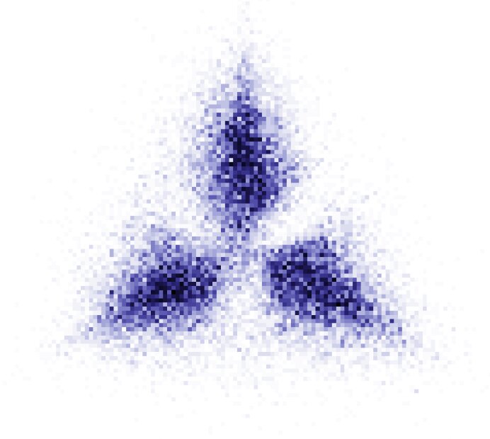 The Pauli crystal shows in which configuration three fermionic atoms align themselves in a two-dimensional harmonic trap most frequently. The strong correlations between the relative positions of the non-interacting particles are the result of the Pauli exclusion principle. The image was created by analyzing several thousand experimental images with single-atom resolution. Credits: Selim Jochim Group, University Heidelberg.